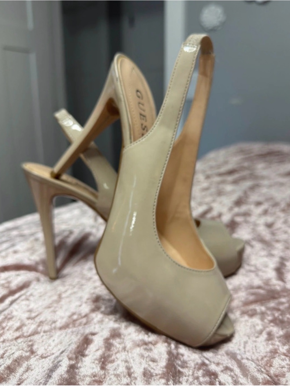 Guess Nude Patent Peep-Toe Slingback Heels